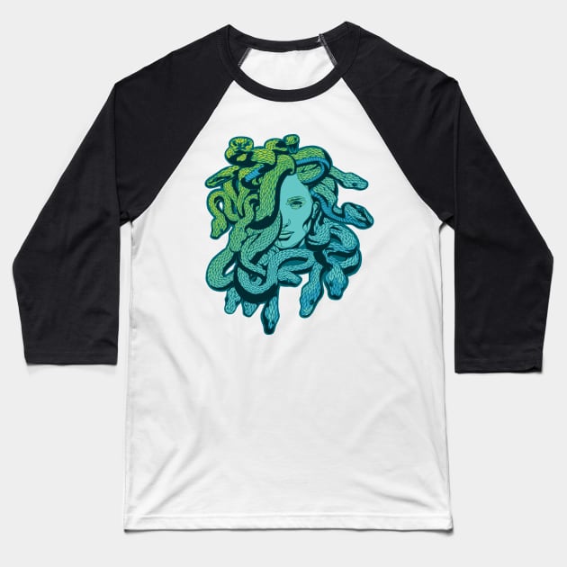 Medusa Teal Ocean Snakes Baseball T-Shirt by polliadesign